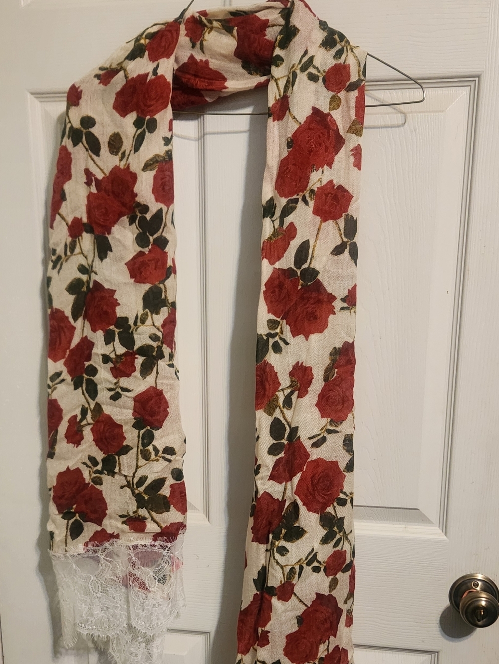 Betsey Johnson Red Rose Print Scarf with Cream Base